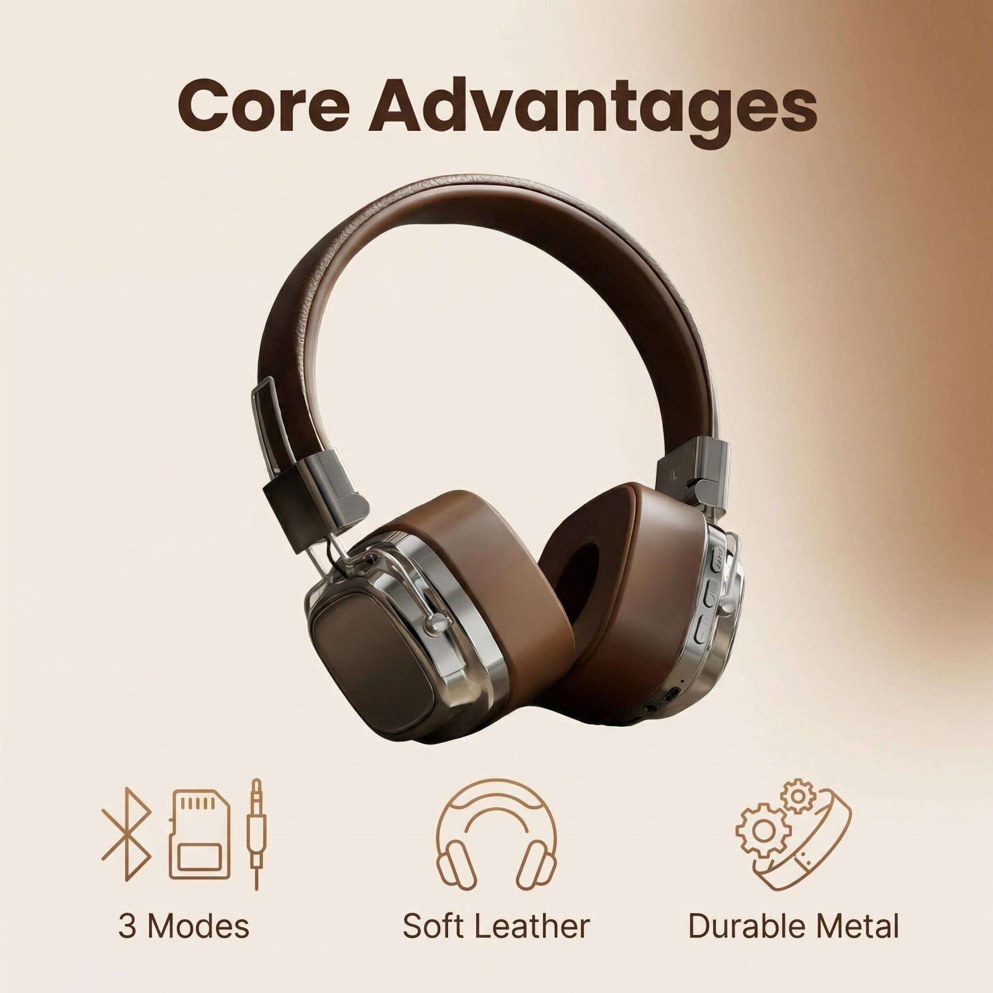 Audio Music Apple - Retro Leather Over-ear Headphones Wireless Bluetooth